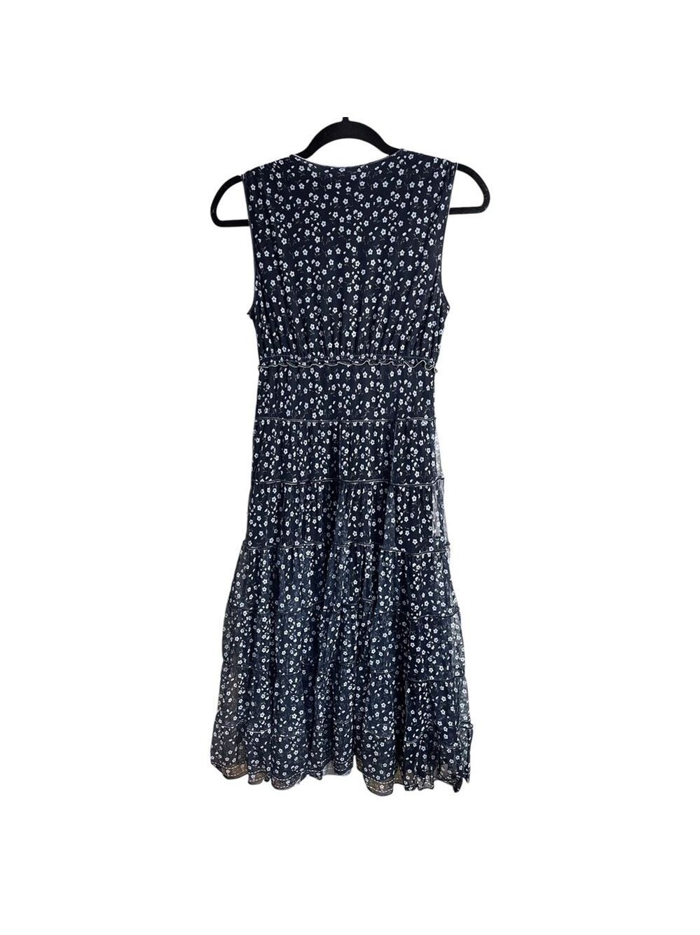 Max Studio V-Neck Sleeveless Mesh Tiered Midi Dress navy blue floral Size Small - Picture 3 of 6